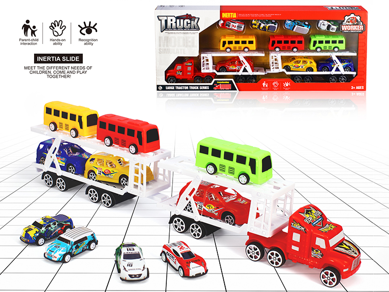 Friction Transport Truck With 3 Buses, 3 Racing Cars, 4 Metal Cars