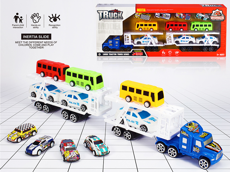 Friction Transport Truck With 3 Buses, 3 Police Cars, 4 Metal Cars