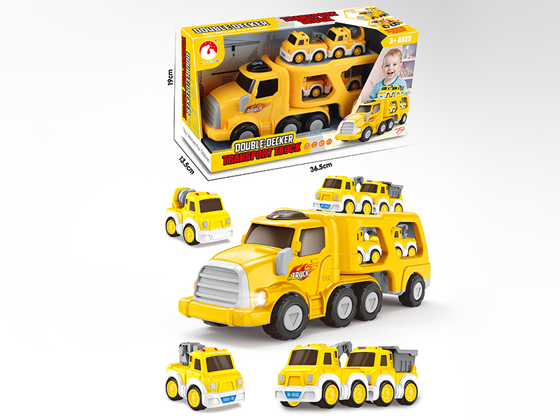 Friction Small Double-Decker Transport Truck(Lights & Music) + 4 Pull Back Engineering Trucks