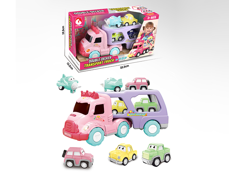 Friction Small Double-Decker Transport Truck(Lights & Music) + 4 Pull Back Cars