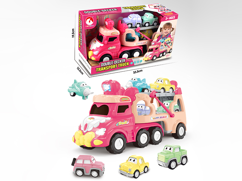 Friction Double-Decker Transport Truck(Lights & Music) + 4 Pull Back Cars