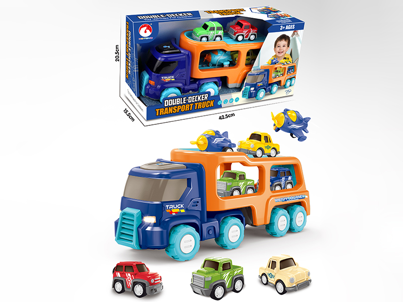 Friction Double-Decker Transport Truck(Lights & Music) + 4 Pull Back Cars