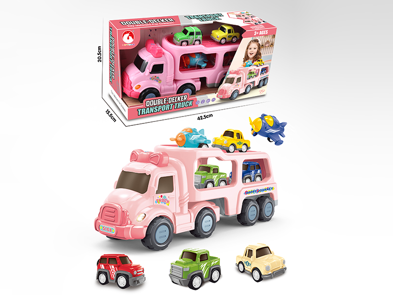 Friction Double-Decker Transport Truck(Lights & Music) + 4 Pull Back Cars