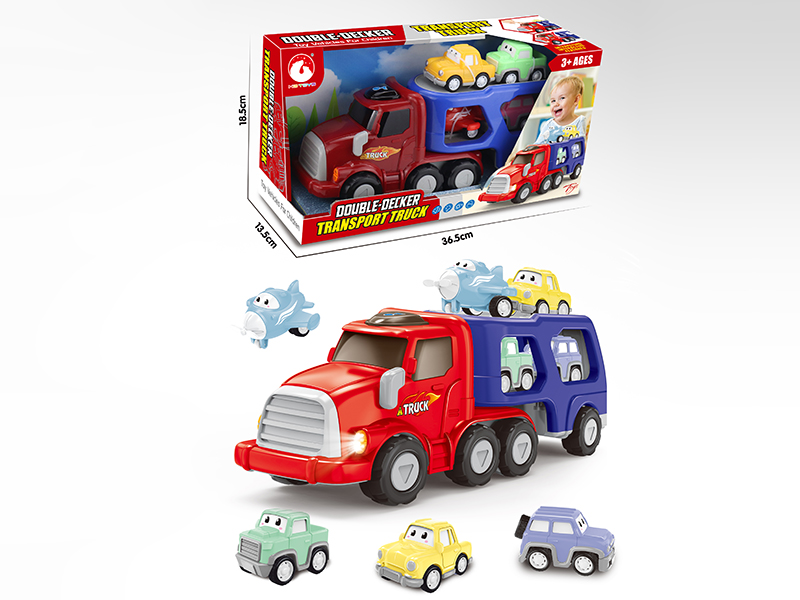 Friction Double-Decker Transport Truck(Lights & Music) + 4 Pull Back Cars
