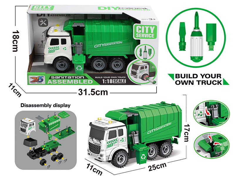 DIY Assembly Friction Garbage Truck(3 Keys, With Lights And Music)