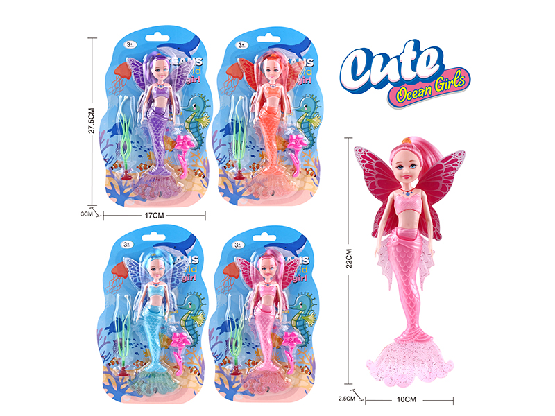 22cm Mermaid Doll With Butterfly Wing(With Lights) + Flower Comb + Butterfly Hair Clip