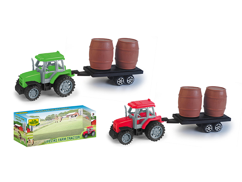 Friction Farm Tractor With Wooden Barrels Trailer