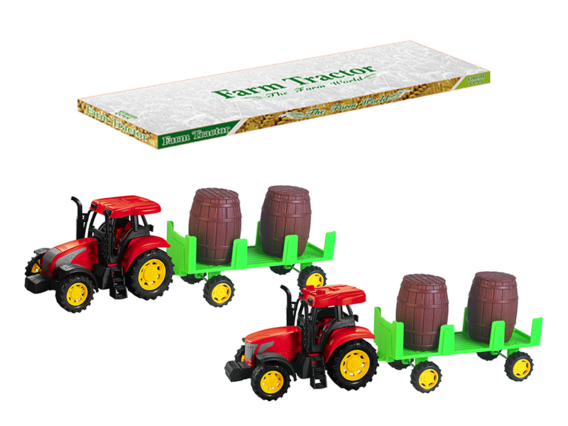 Friction Farm Tractor With Wooden Barrels Trailer
