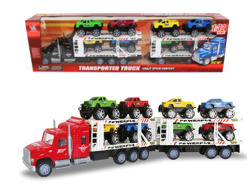 1:32 Scale Friction Double-Deck Transport Truck With 8 Pickup Trucks