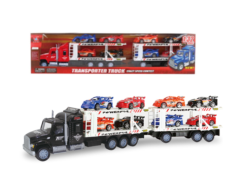 1:32 Scale Friction Double-Deck Transport Truck With 8 Racing Cars