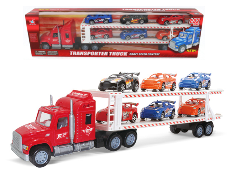 1:32 Scale Friction Double-Deck Transport Truck With 6 Racing Cars