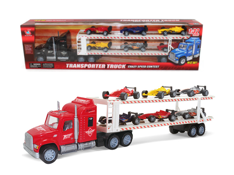 1:32 Scale Friction Double-Deck Transport Truck With 6 Racing Cars
