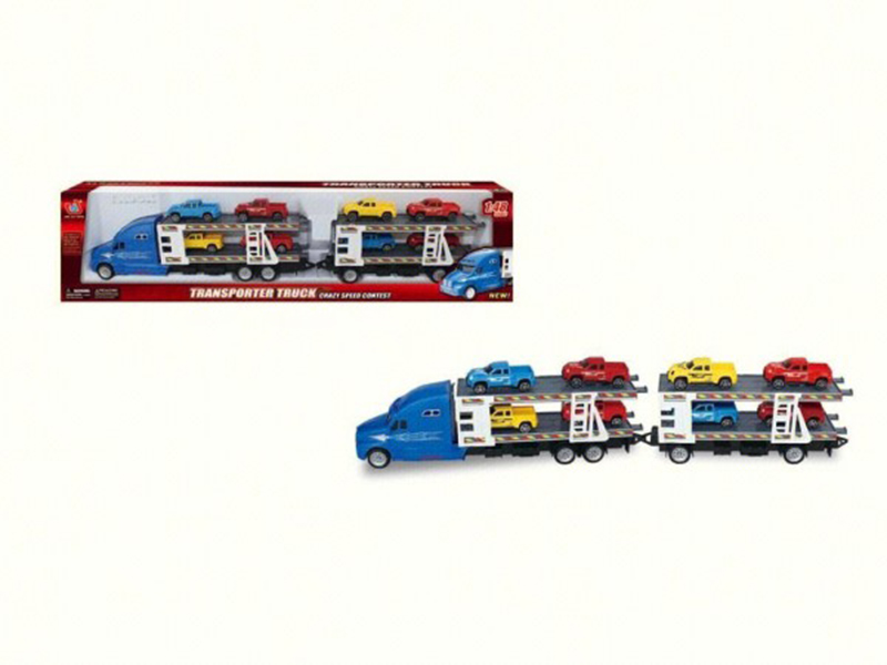1:48 Scale Friction Double-Deck Transport Truck With 8 Pickup Trucks