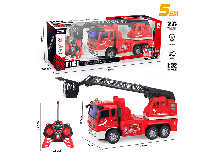 1:32 5-Channel Remote Control Fire Ladder Truck With Lights And Music