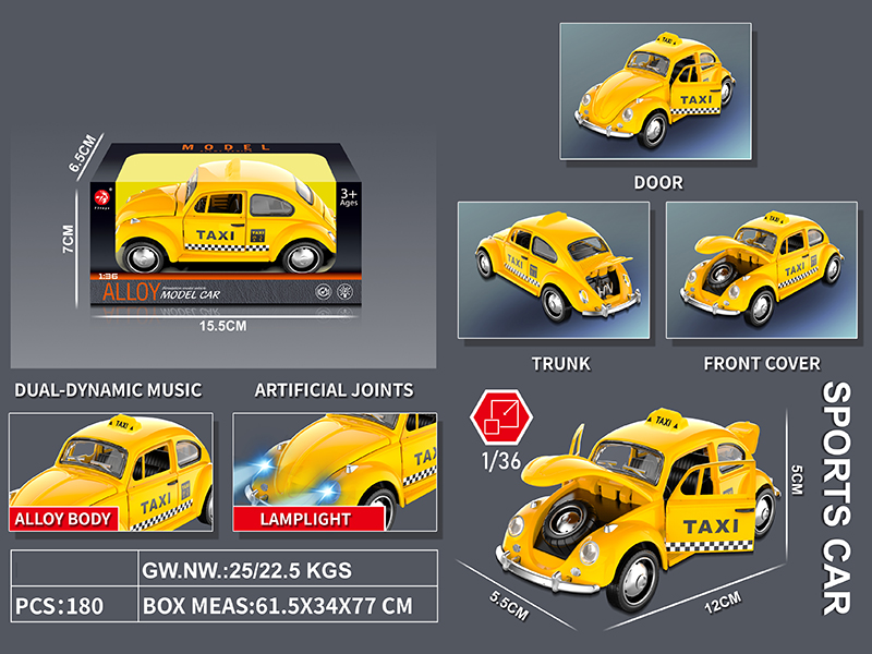 Pull Back Alloy Taxi Car With Music And Lights(Four Doors Can Open)