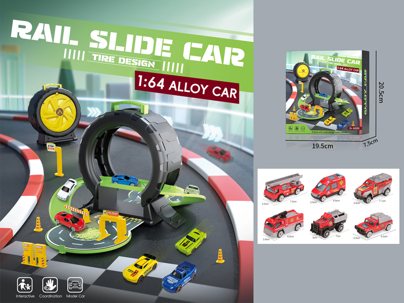 Tire Parking Lot+3 PCS Slide Alloy Fire Truck