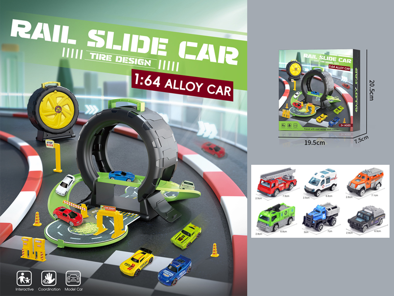 Tire Parking Lot+3 PCS Slide Alloy Fire Truck