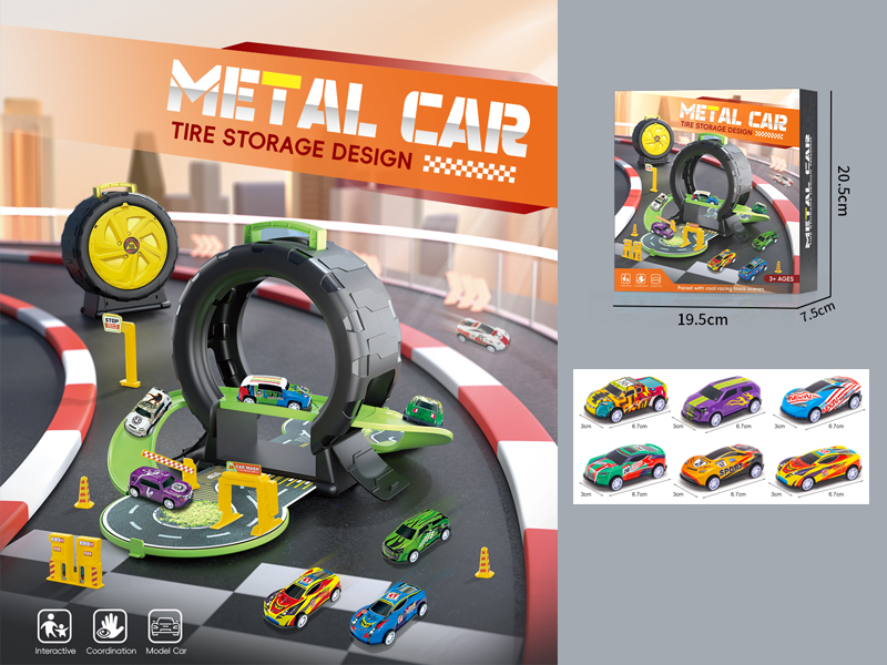 Tire Parking Lot+6 PCS Slide Tin Racing Car