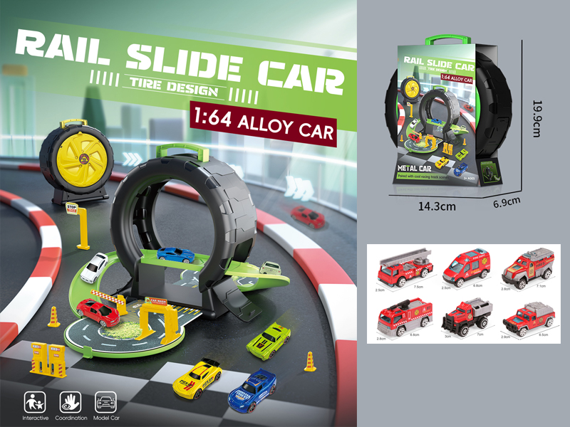 Tire Parking Lot+3 PCS Slide Alloy Fire Truck