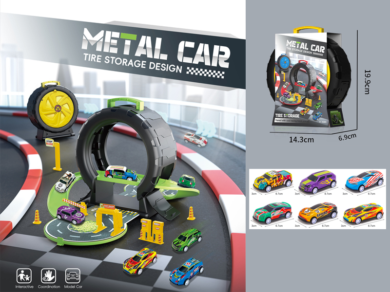 Tire Parking Lot+6 PCS Slide Tin Racing Car