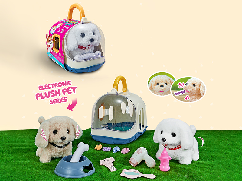 B/O Plush Small Dog + Dog Cage +4 Hairpins + Milk Bottle + Hairdryer + Mirror + Comb + Dog Bowl + Bone