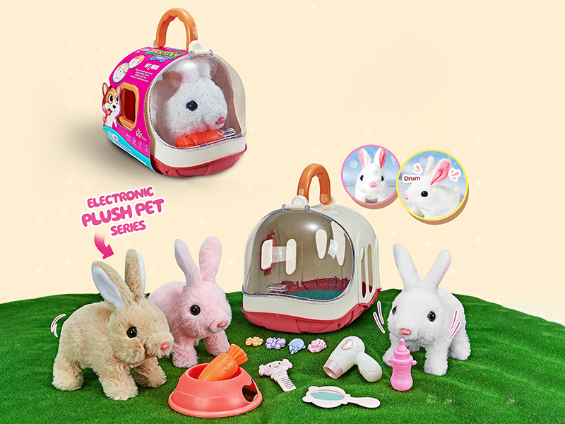 B/O Plush Small Rabbit + Cage +4 Hairpins + Milk Bottle + Hairdryer + Mirror + Comb + Bowl + Carrot