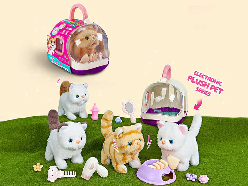 B/O Plush Small Cat + Cage +4 Hairpins + Milk Bottle + Hairdryer + Mirror + Comb + Bowl + Fish Bone