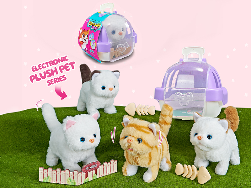 B/O Plush Small Pet Cat + Pet Cage + Fish Bone