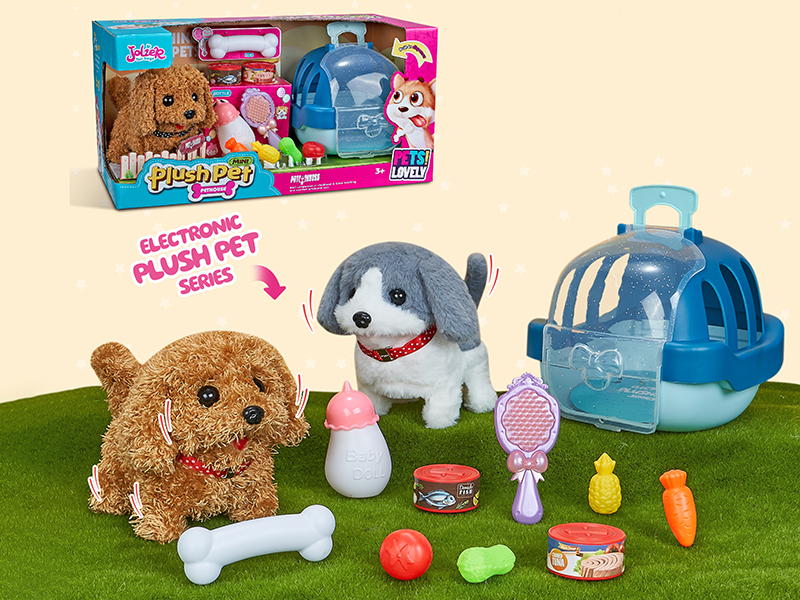B/O Plush Small Teddy/Husky Dog + Pet Cage + Milk Bottle + Comb + Vegetables*4 + Canned*2 + Bone