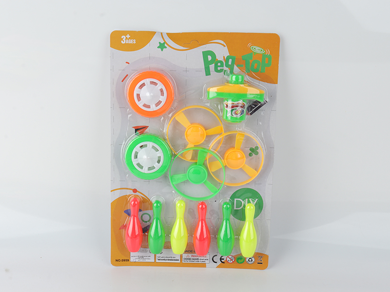 Spinning Top Toy(Launcher + 6 Bowling Toys + 2 Tops + Flying Saucer)（1 Top With Lights）
