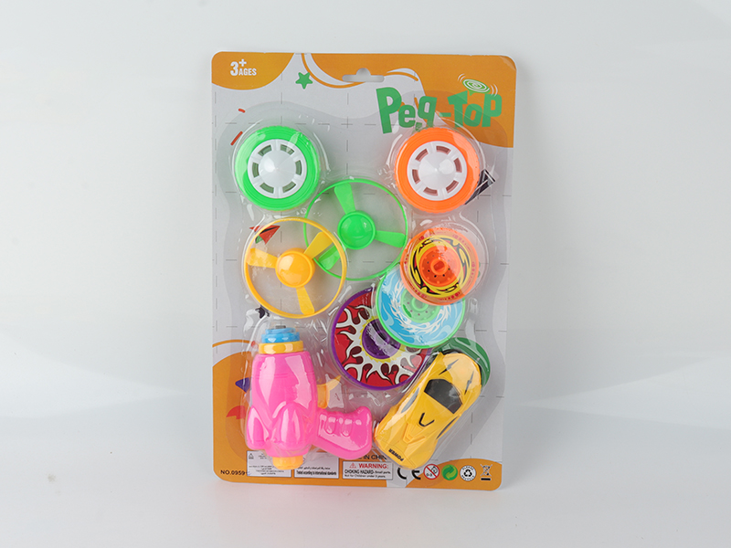 Spinning Top Toy(Launcher + Pull Back Car + 2 Tops With Lights + 2 Flying Saucer + 3 Layers Stacked Peg-Top)
