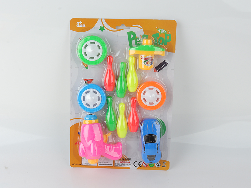 Spinning Top Toy(Launcher +6 Bowling Toys + 3 Top Toys + Pull Back Car)(1 Top With Lights)