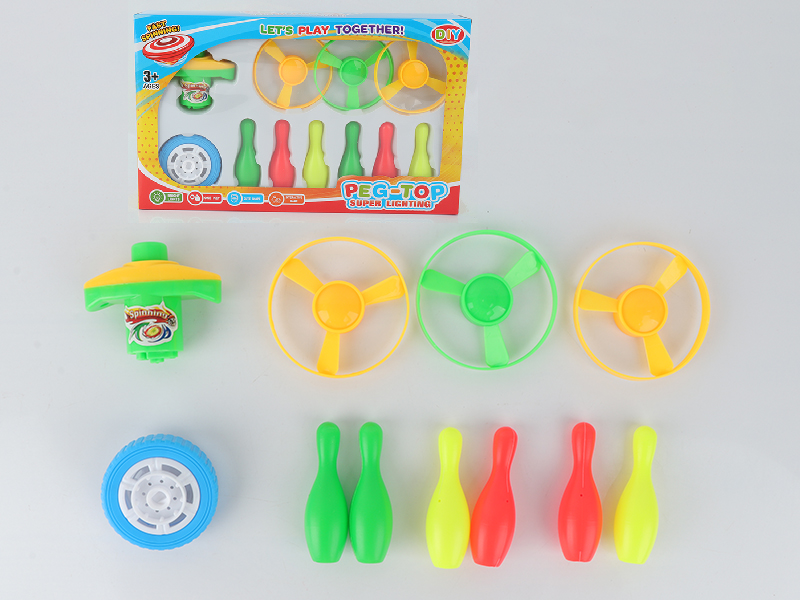 Spinning Top Toy(Launcher + 3 Flying Saucer + Top With Lights + 6 Bowling Pins)