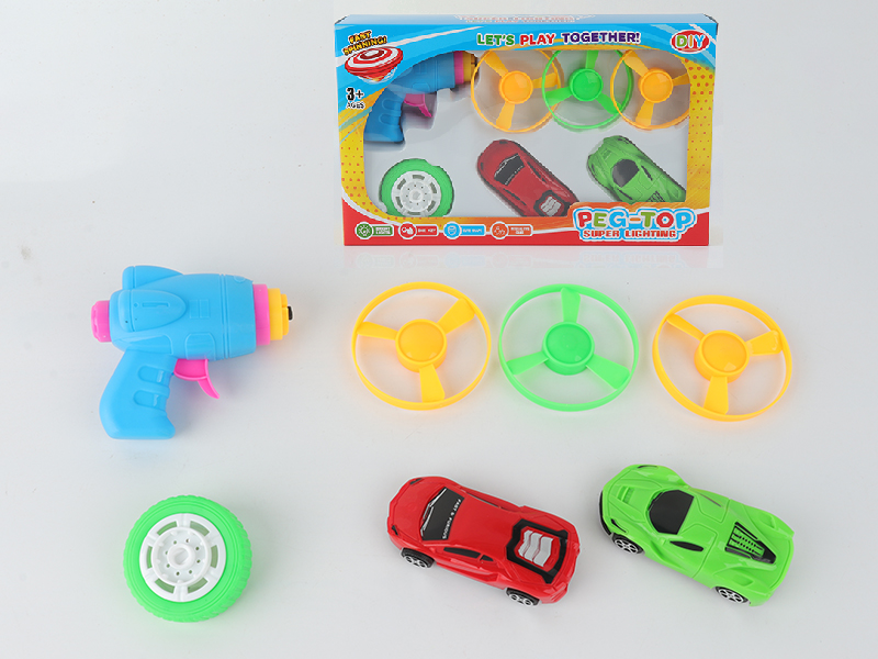 Spinning Top Toy(Launcher + 3 Flying Saucer + 2 Pull Back Cars + Top With Lights)
