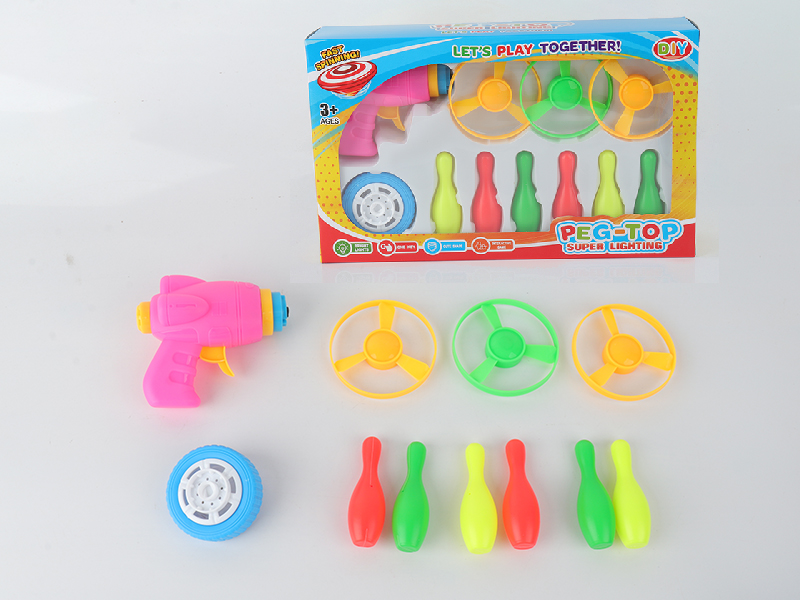 Spinning Top Toy(Launcher + 3 Flying Saucer +Top With Lights + 6 Bowling Pins)