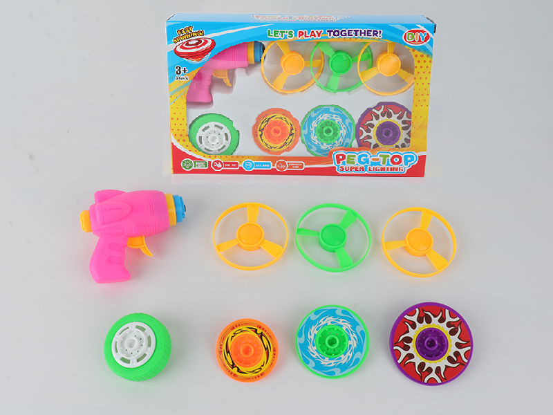 Spinning Top Toy(Launcher + 3 Flying Saucer +Top With Lights + 3 Layers Stacked Peg-Top)
