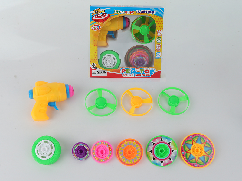 Spinning Top Toy(Launcher + 3 Flying Saucer + Top With Lights + 5 Layers Stacked Peg-Top)