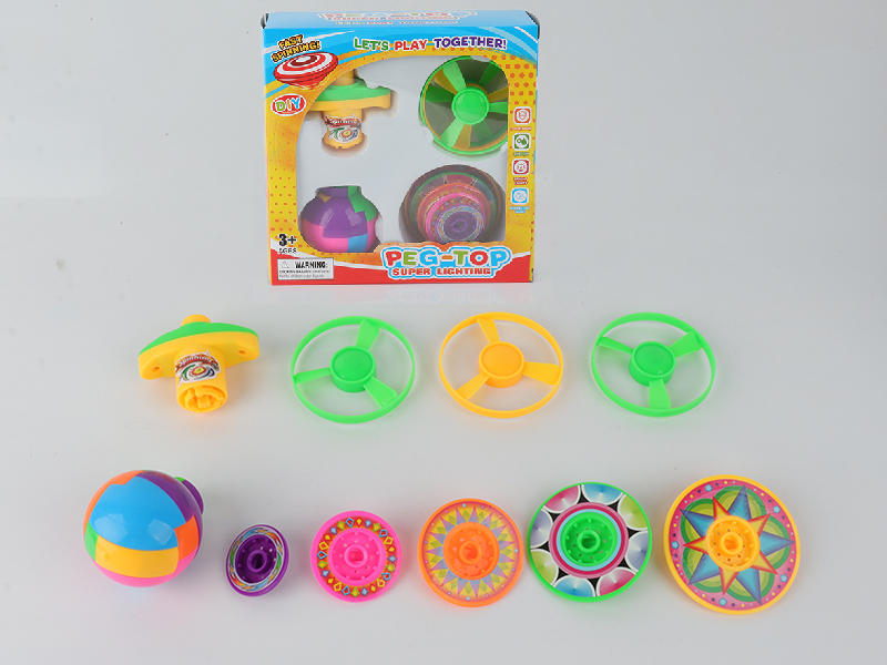 Spinning Top Toy(Launcher + 3 Flying Saucer + DIY Assembly Top + 5 Layers Stacked Peg-Top)