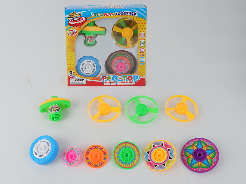Spinning Top Toy(Launcher + Top With Lights + 3 Flying Saucer + 5 Layers Stacked Peg-Top)