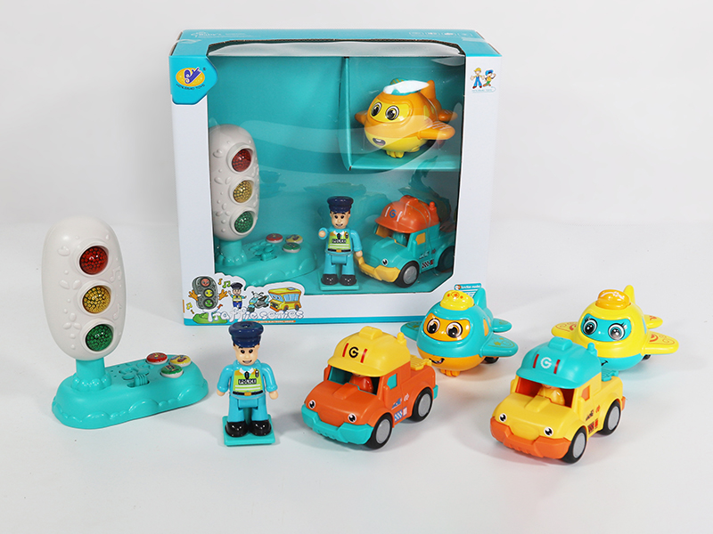 Music Traffic Light + Police Doll + Friction Airplane + Friction Cartoon Engineering Truck