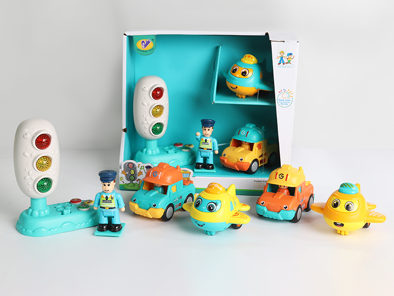 Music Traffic Light + Police Doll + Friction Airplane + Friction Cartoon Engineering Truck