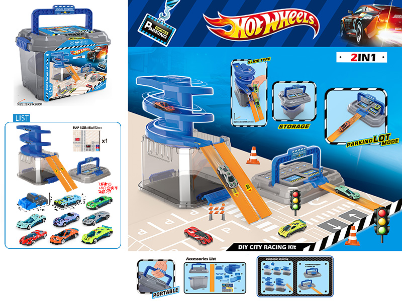 Portable Handheld Storage Box Track Parking Lot(2 Alloy Cars + 1 Launcher)