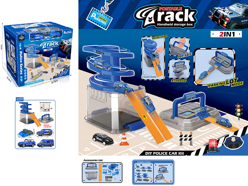 Police Series Portable Handheld Storage Box Track Parking Lot(2 Alloy Cars + 1 Launcher)