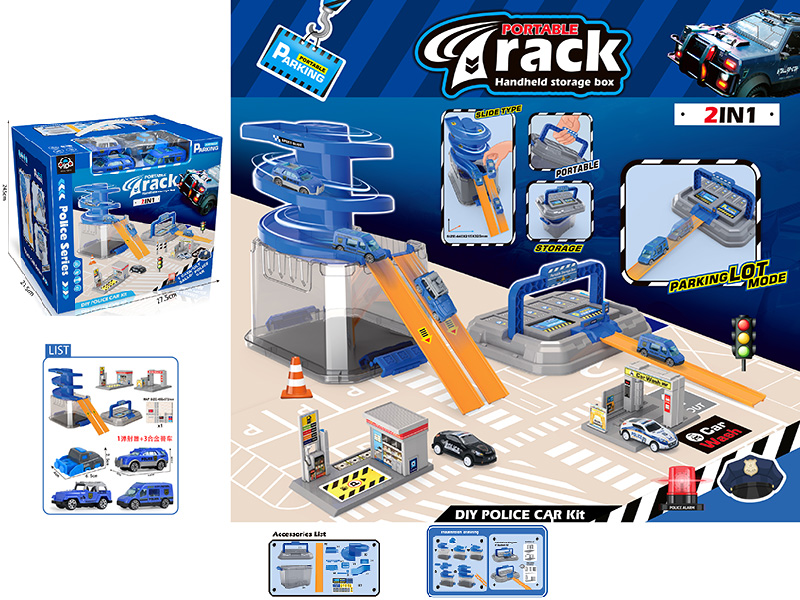 Police Series Portable Handheld Storage Box Track Parking Lot(2 Alloy Cars + 1 Launcher + 1 Gas Station +1 Wash Station)