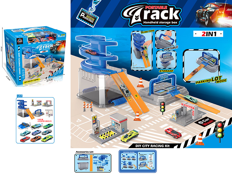 Portable Handheld Storage Box Track Parking Lot(2 Alloy Cars + 1 Launcher + 1 Gas Station +1 Wash Station)
