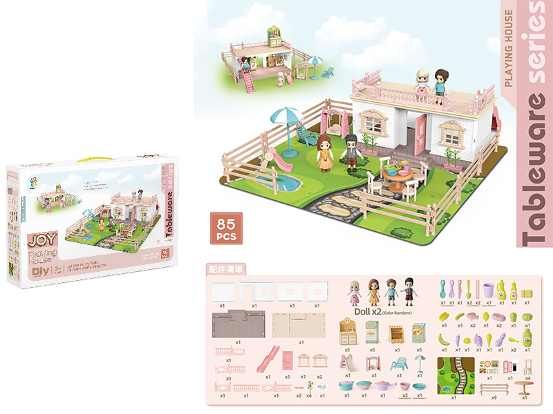 DIY Single-Storey Villa With Doll, Kitchen, Fence(Colorful Lights)85pcs