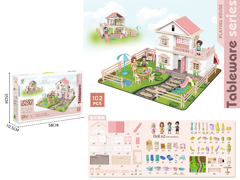 DIY Double-Storey Villa With Doll, Kitchen, Fence(Colorful Lights)102pcs