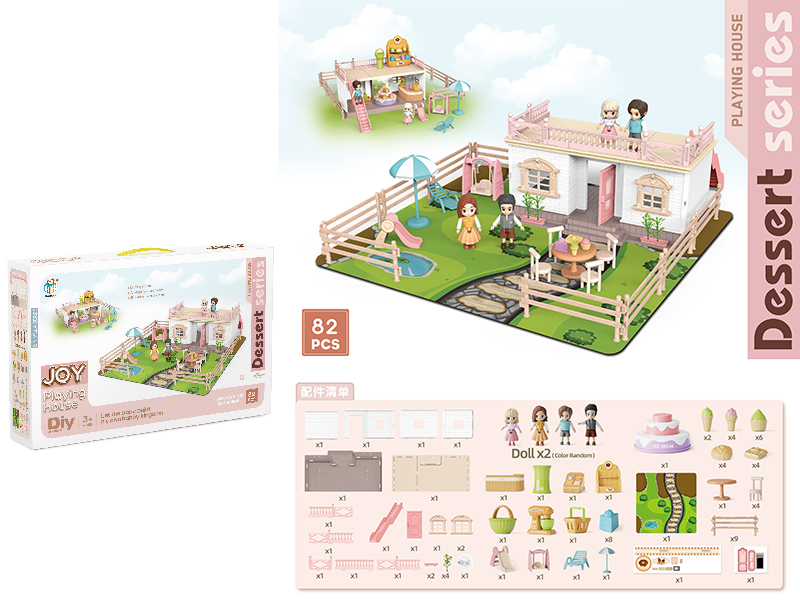 DIY Single-Storey Villa With Doll, Dessert Set, Fence(Colorful Lights)82pcs