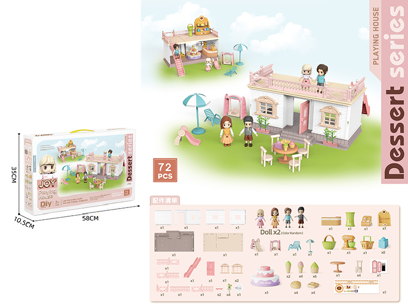 DIY Villa With Doll, Dessert Set(Colorful Lights)72pcs