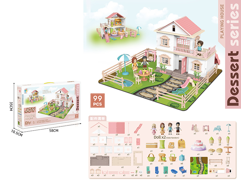 DIY Double-Storey Villa With Doll, Dessert Set, Fence(Colorful Lights)99pcs